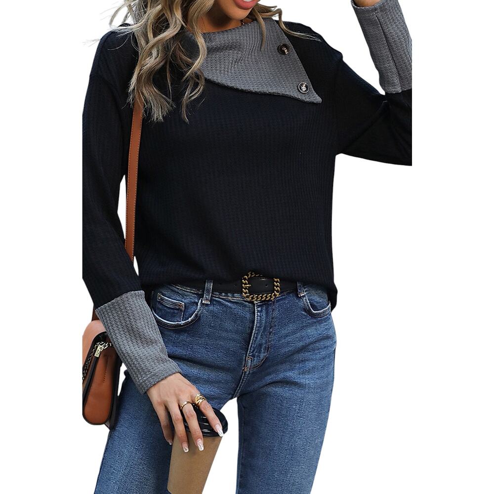 Black Waffle Knit Patchwork Color Block Asymmetrical Neck Top New Size Small - Picture 9 of 10